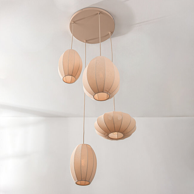Japandi Fero pendant lamp – 4-light with beige linen shades