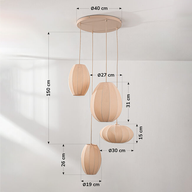 Japandi Fero pendant lamp – 4-light with beige linen shades