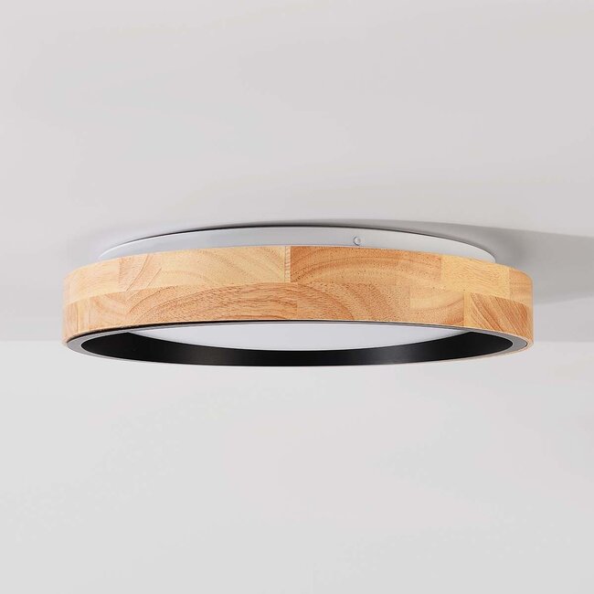 3-step dimmable ceiling lamp Tirano in Black with oak finish – Ø41 cm