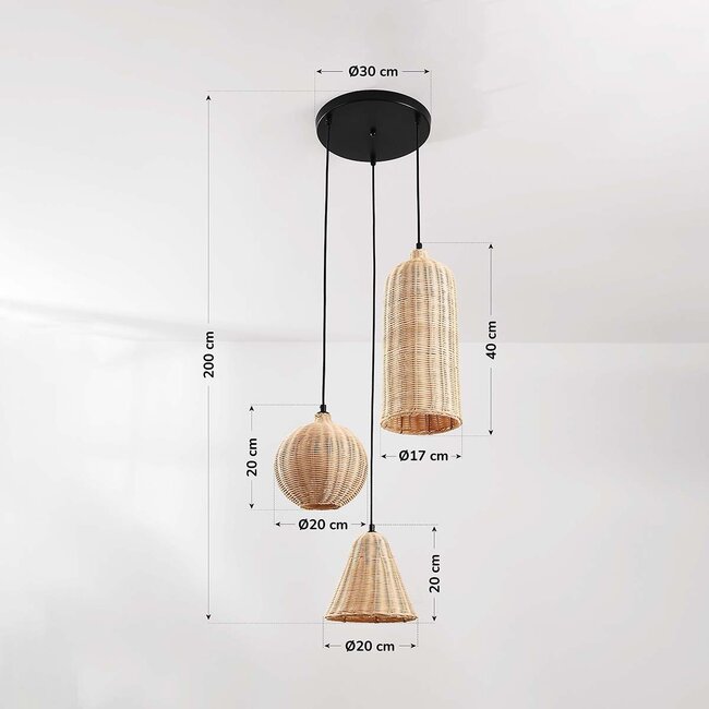 Boho pendant light Misu in rattan with three natural shades
