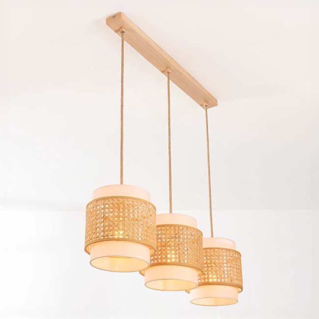 Bris rattan pendant lamp with three cream fabric inner shades