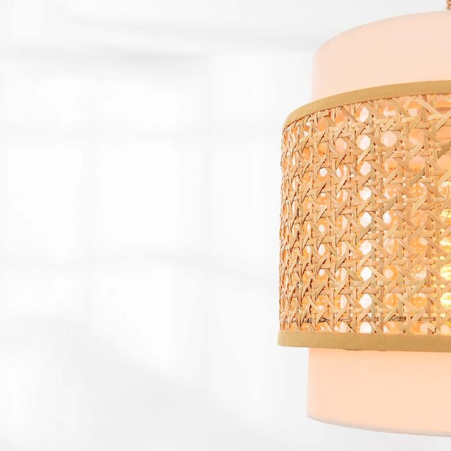Rattan Bris 3-light pendant light with three cream fabric inner shades