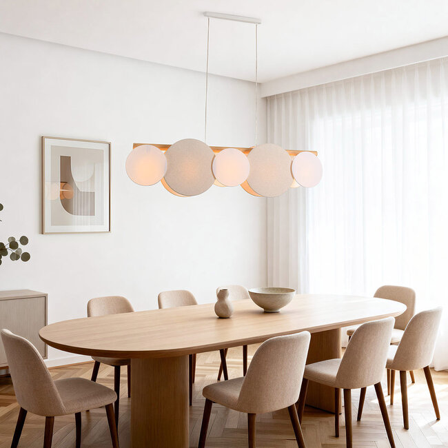 5-light pendant lamp Zenner – natural linen with wood and White accents