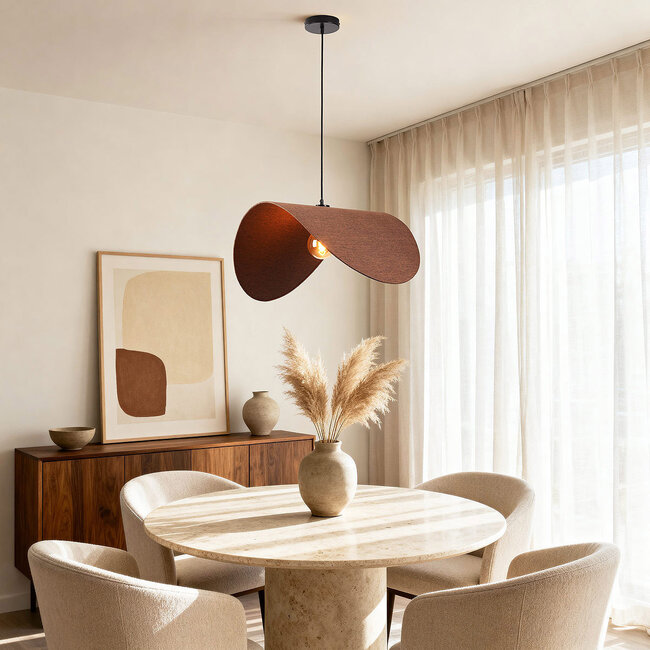 Modern Juna pendant lamp with brown linen shade in an organic shape