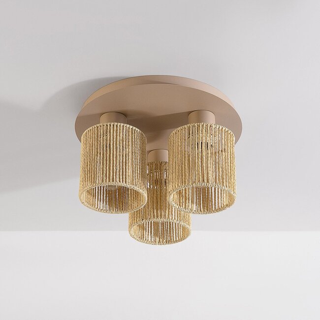 3-light ceiling light Canna - beige with woven rope