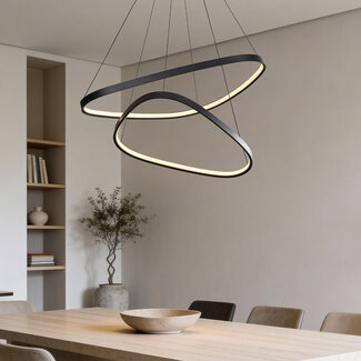 3-step dimmable designer pendant light Nivara with double LED rings in black