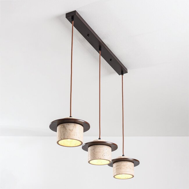 3-light Japandi pendant light Travano in travertine (natural stone) and wood