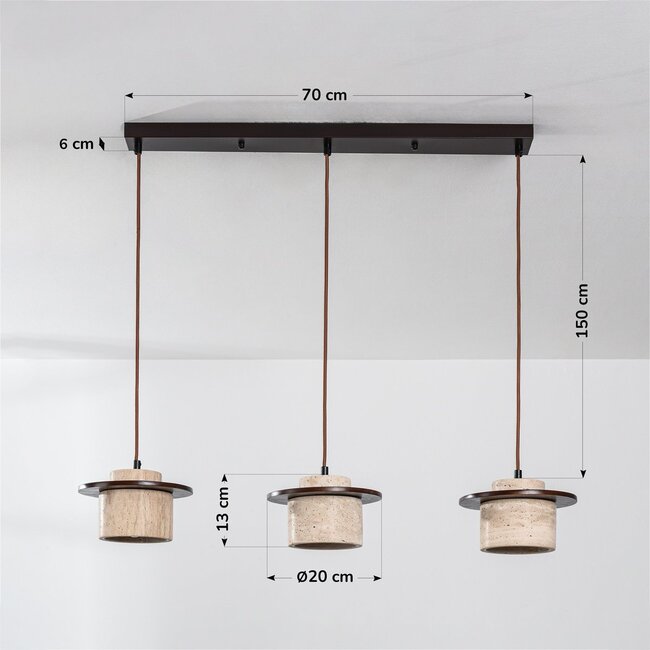 3-light Japandi pendant light Travano - travertine (natural stone) and wood