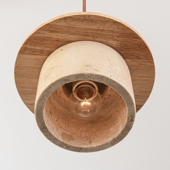 Japandi pendant light made of travertine (natural stone) and light wood - Travia