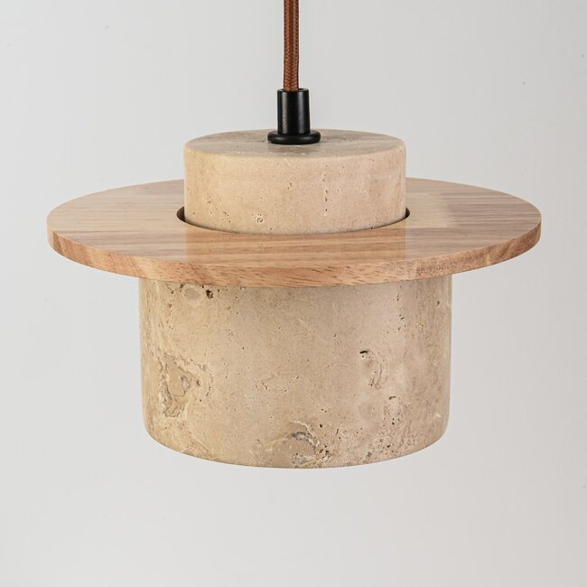 Japandi pendant light made of travertine (natural stone) and light wood - Travia
