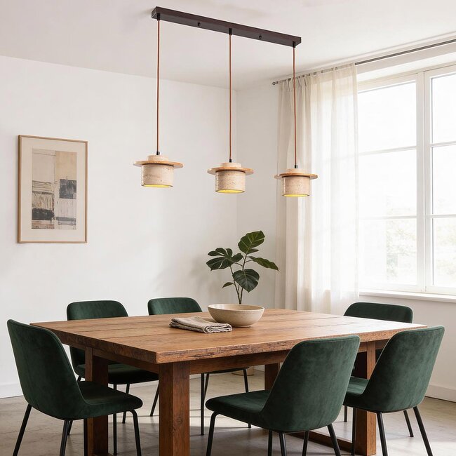 3-light Japandi pendant light Travia made of travertine (natural stone) and light wood