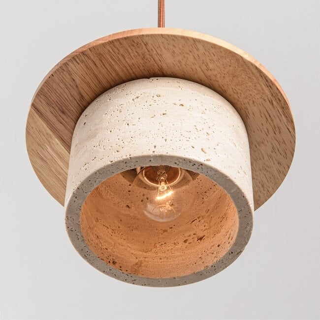3-light Japandi pendant light Travia - travertine (natural stone) and light wood