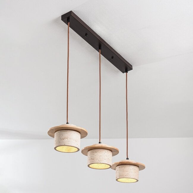 3-light Japandi pendant light Travia - travertine (natural stone) and light wood