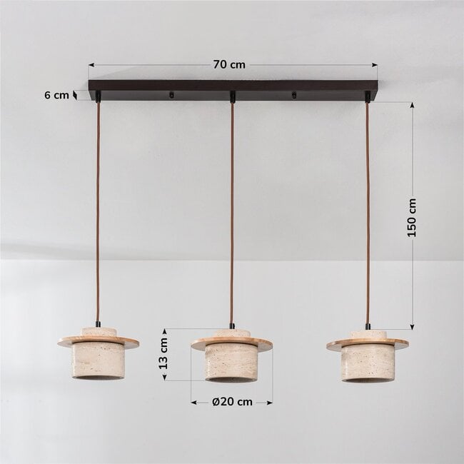 3-light Japandi pendant light Travia - travertine (natural stone) and light wood