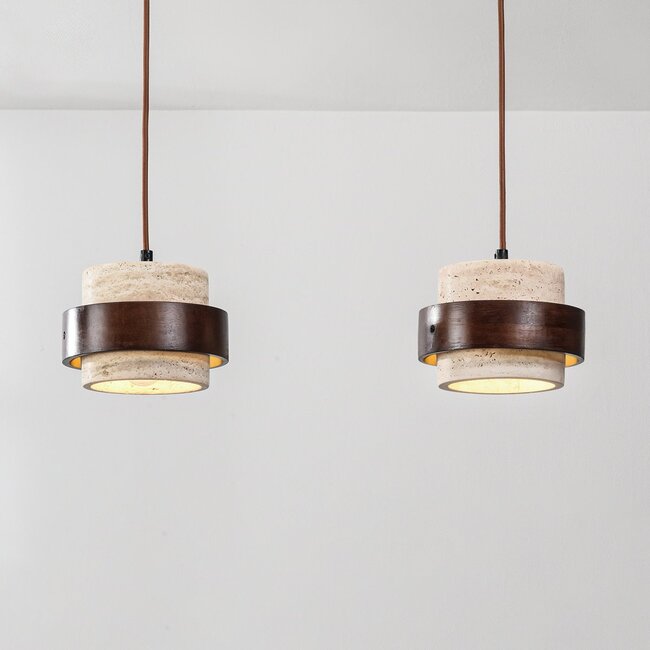 2-light Travé pendant light made of travertine (natural stone) and wood
