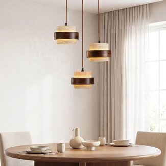 Travé designer pendant light in travertine (natural stone) and wood, 3-light