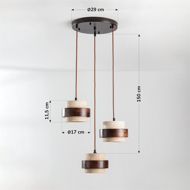 3-light pendant light Travé - travertine (natural stone) and wood