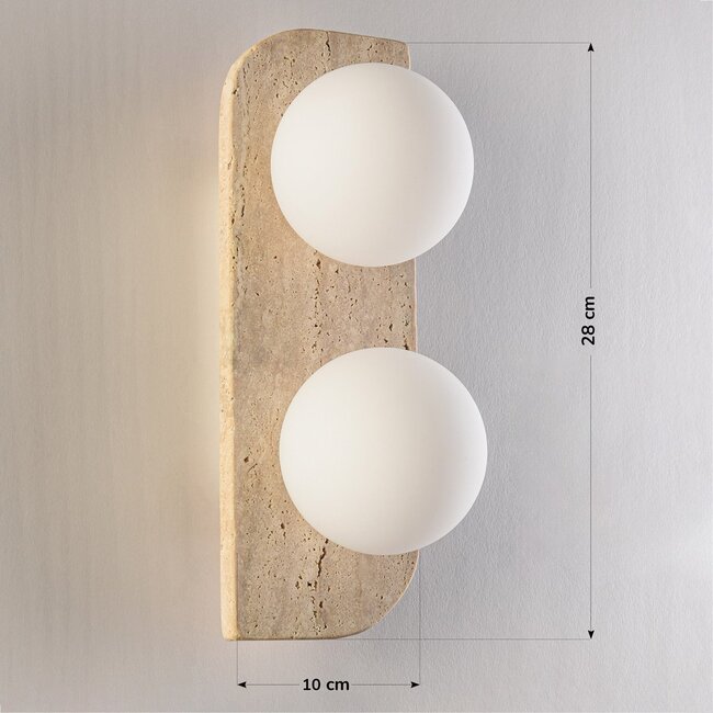 2-light wall lamp Artea in travertine (natural stone) with glass globes