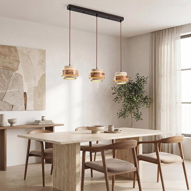 3-light pendant light Travo in travertine (natural stone) and light wood