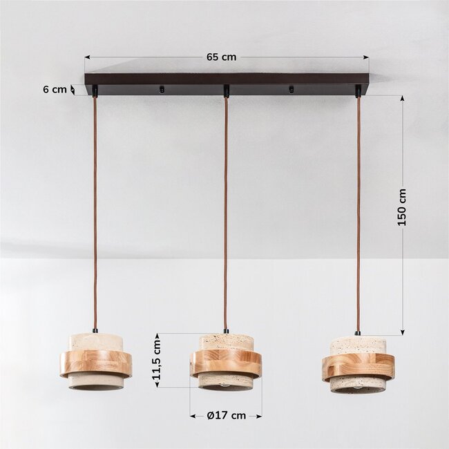 3-light pendant light Travo in travertine (natural stone) and light wood