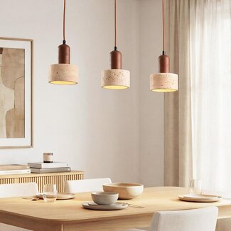 Japandi pendant light with three travertine (natural stone) shades and wood accents - Muro