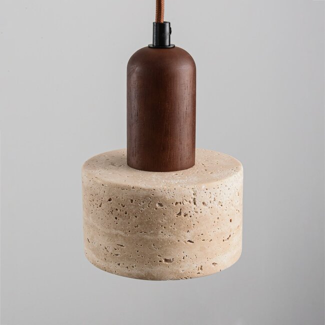 Japandi pendant light with three travertine (natural stone) shades and wood accents - Muro