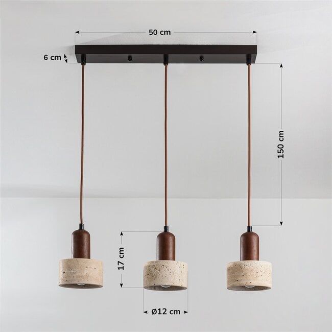 Japandi pendant light Muro - three travertine (natural stone) shades with wood accents