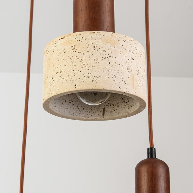 Japandi pendant light Muro made of travertine (natural stone) and wood, 4 lights