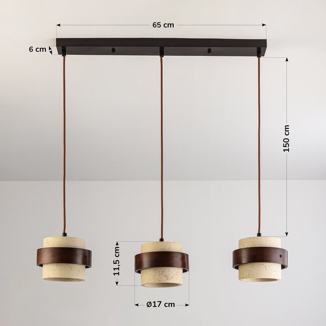 3-light pendant lamp Mavero made of cement and wood