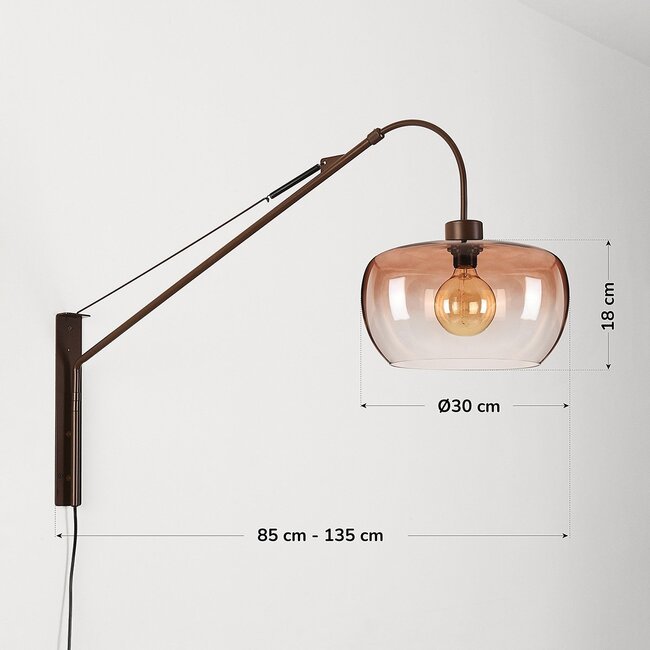 Dasha wall lamp in brown with swivel, extendable arm and brown ombre glass