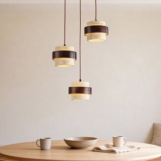 Round pendant light Mavero made of cement and wood, 3-lights