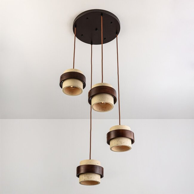 Mavero round pendant light in cement and wood, 4-light