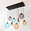 Designer pendant light Zavari with 9 globes in amber, smoked and blue glass