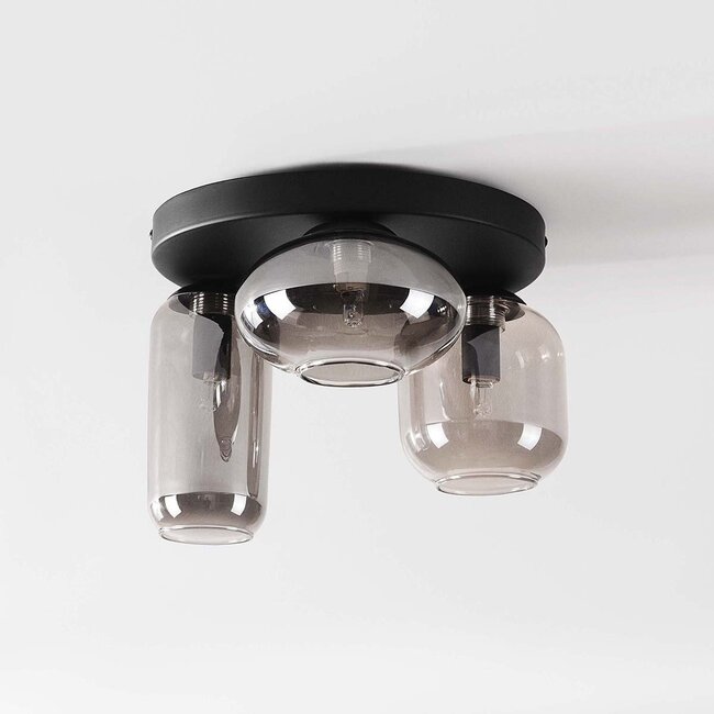 Black ceiling lamp Penba with 3 smoked glass shades