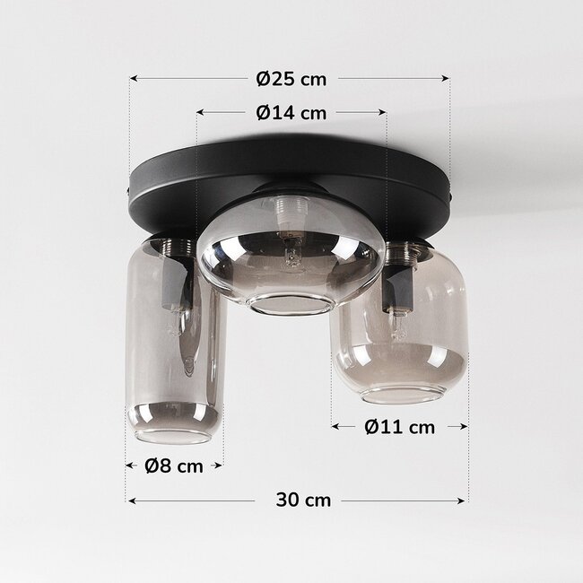 Black ceiling lamp Penba with 3 smoked glass shades