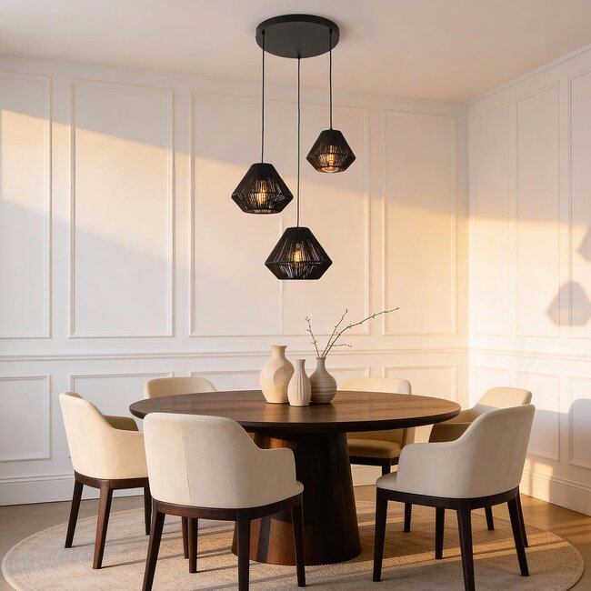 Ivera 3-light pendant light in black paper cord