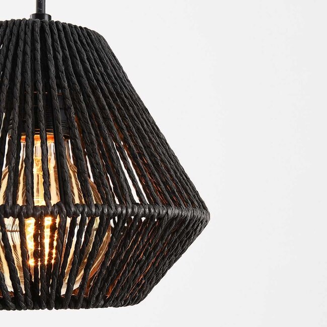 Modern Ives pendant light made of black paper cord, 3-light design