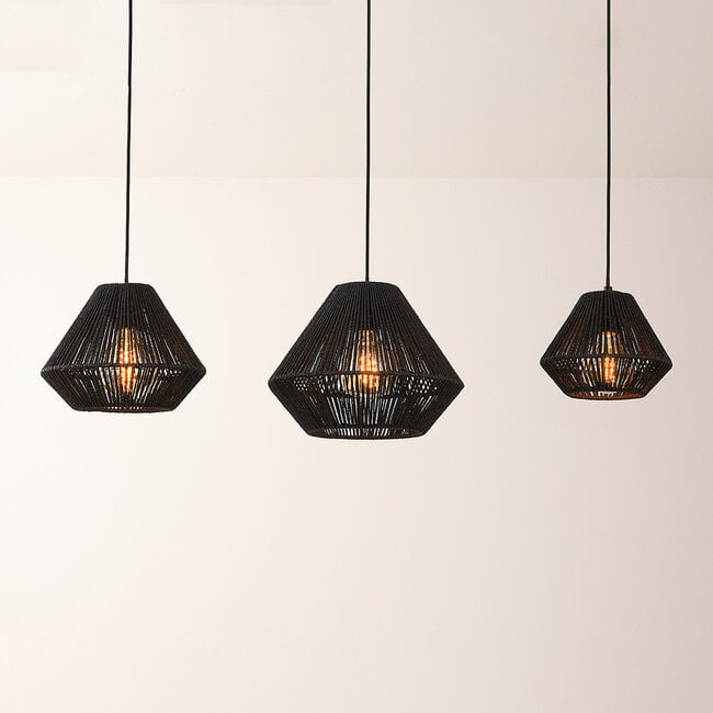 3-light pendant light Ives - black woven rope