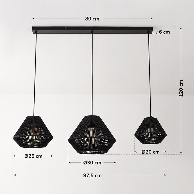 Modern Ives pendant light made of black paper cord, 3-light design