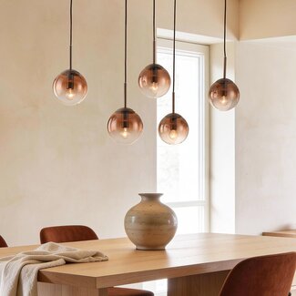 Nira pendant light with brown ombre glass spheres, 5 lights