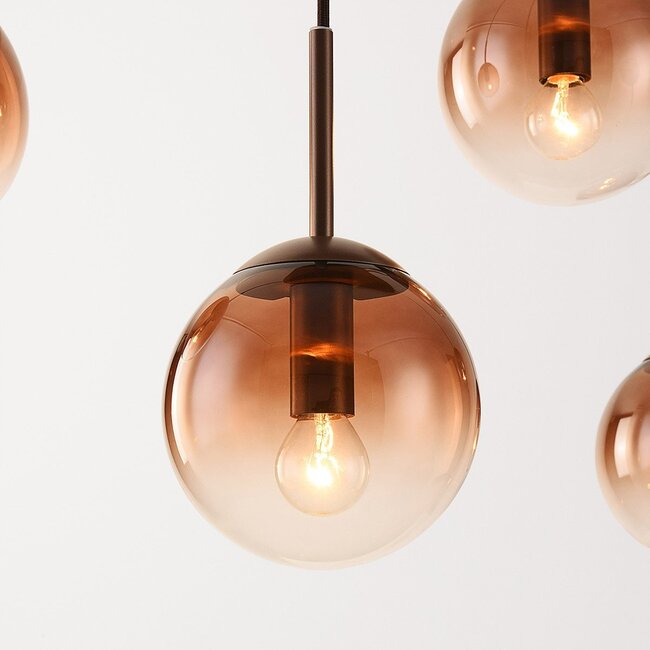 Nira pendant light with brown ombre glass spheres, 5 lights