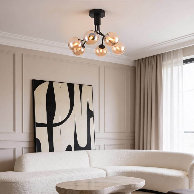 Leon ceiling light in black with Amber glass, 6 lights
