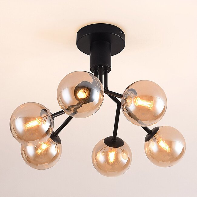 Ceiling light Leon in black with amber glass, 6-light