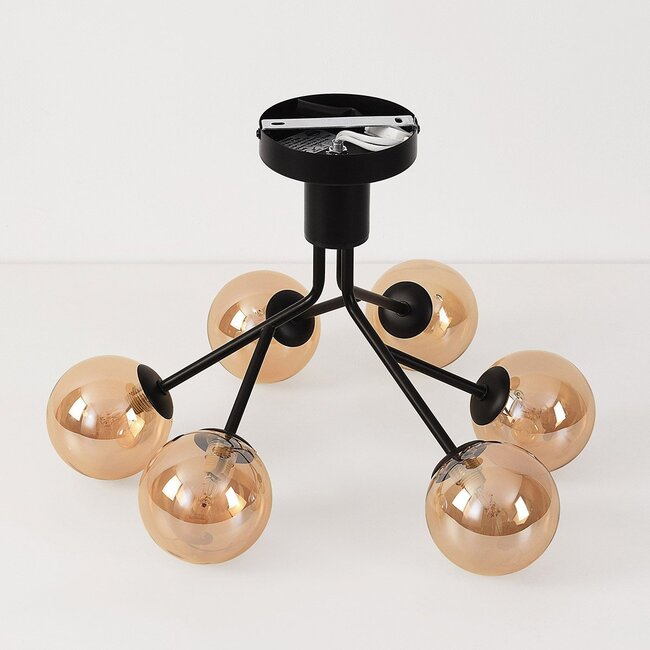Leon ceiling light in black with Amber glass, 6 lights