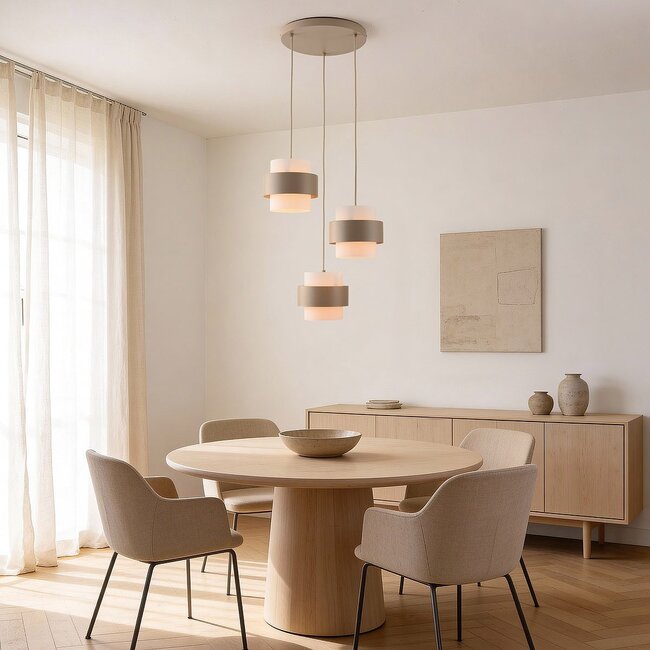 Modern Kodi pendant light in beige with opal white glass shades, 3-light design