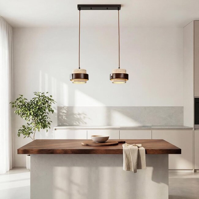 2-light Travé pendant light made of travertine (natural stone) and wood