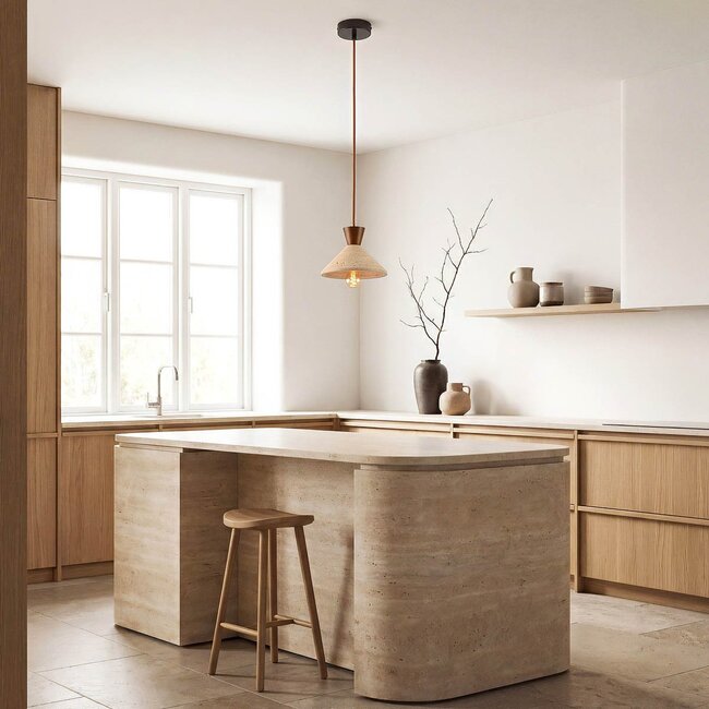 Japandi pendant light made of travertine (natural stone) and wood - Mara