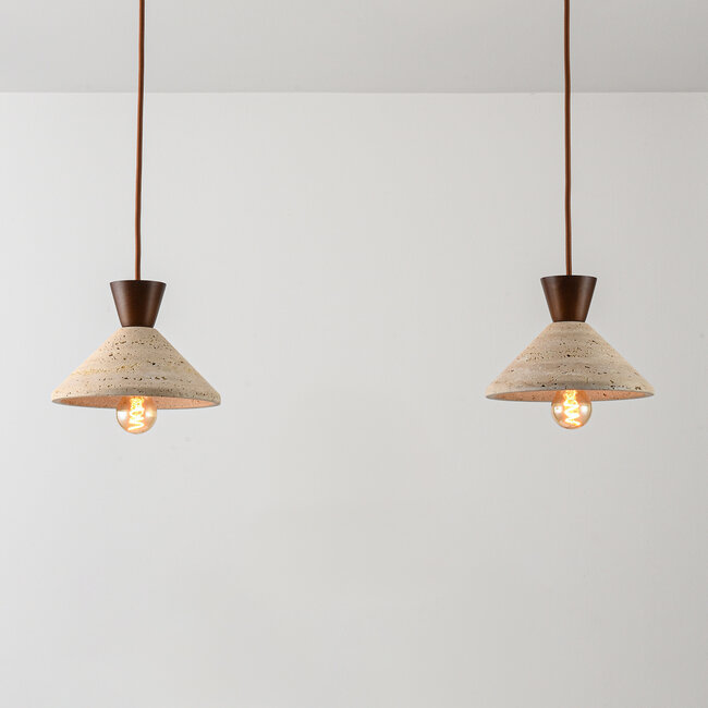 2-light Japandi pendant light Mara made of travertine (natural stone) and wood