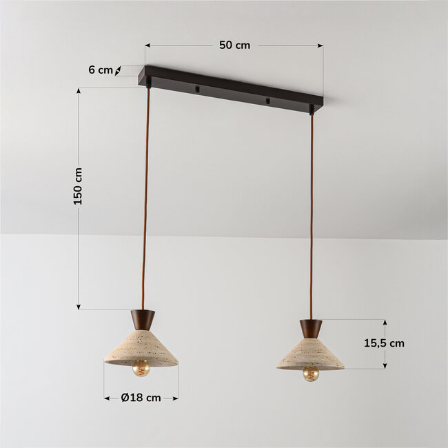 2-light Japandi pendant light Mara made of travertine (natural stone) and wood