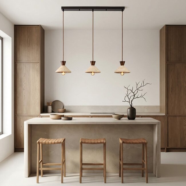 3-light Japandi pendant light Mara made of travertine (natural stone) and wood